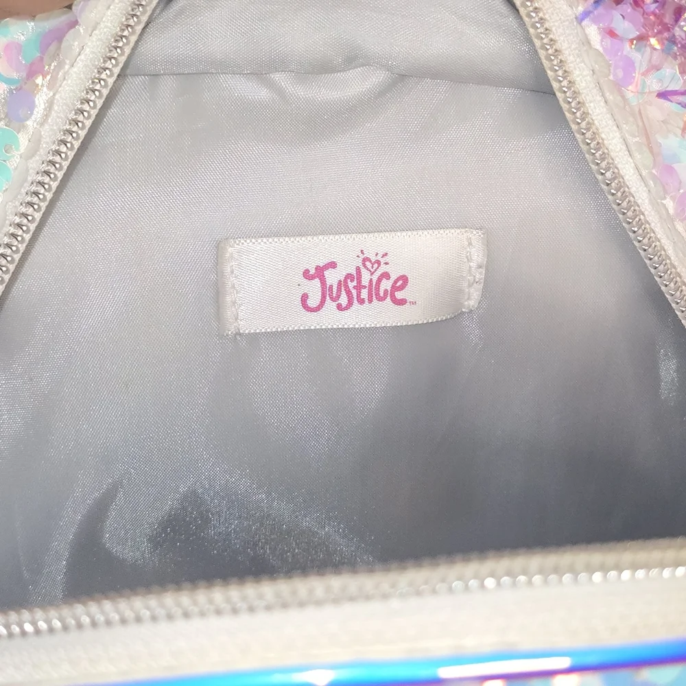 Justice Silver Flip Sequin Mini Backpack T Initial Pompom Metallic Glitter Bag
